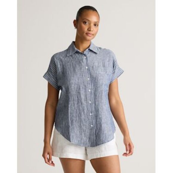 Quince 100% European Linen Camp Shirt Chambray Stripe Sleeved Top M - Picture 1 of 3